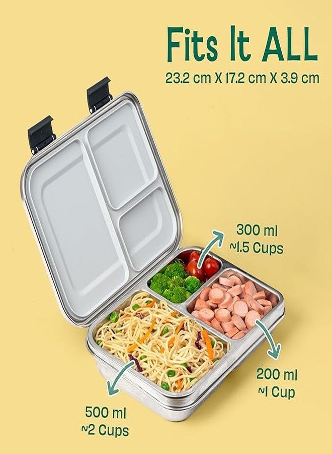 Basil Bento Neo Classic 2025 - New & Improved, 1000ml 3-Compartment Stainless Steel Lunch Box for Adults, Teens & Kids | Leak-Proof & Easy to Open Tiffin for Office, School, College - Matcha - Image 2